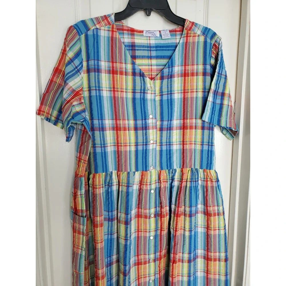 Dreams & Co. Nightgown Blue Plaid Cotton Snap Button Front Loungedress Muumuu M
